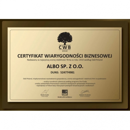 Certyfikat Wiarygodności Biznesowej Dun&Bradstreet w latach 2010-2012